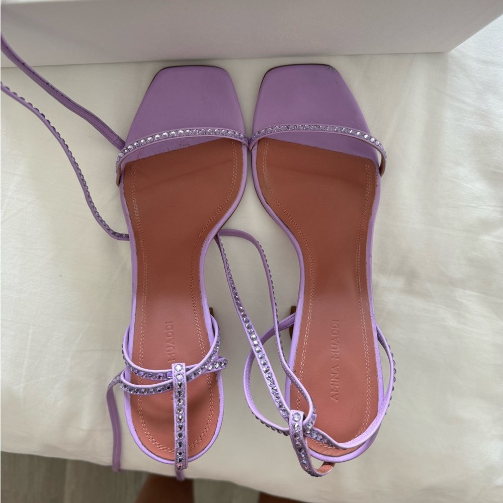 Amina Muaddi Purple Strappy Sandals